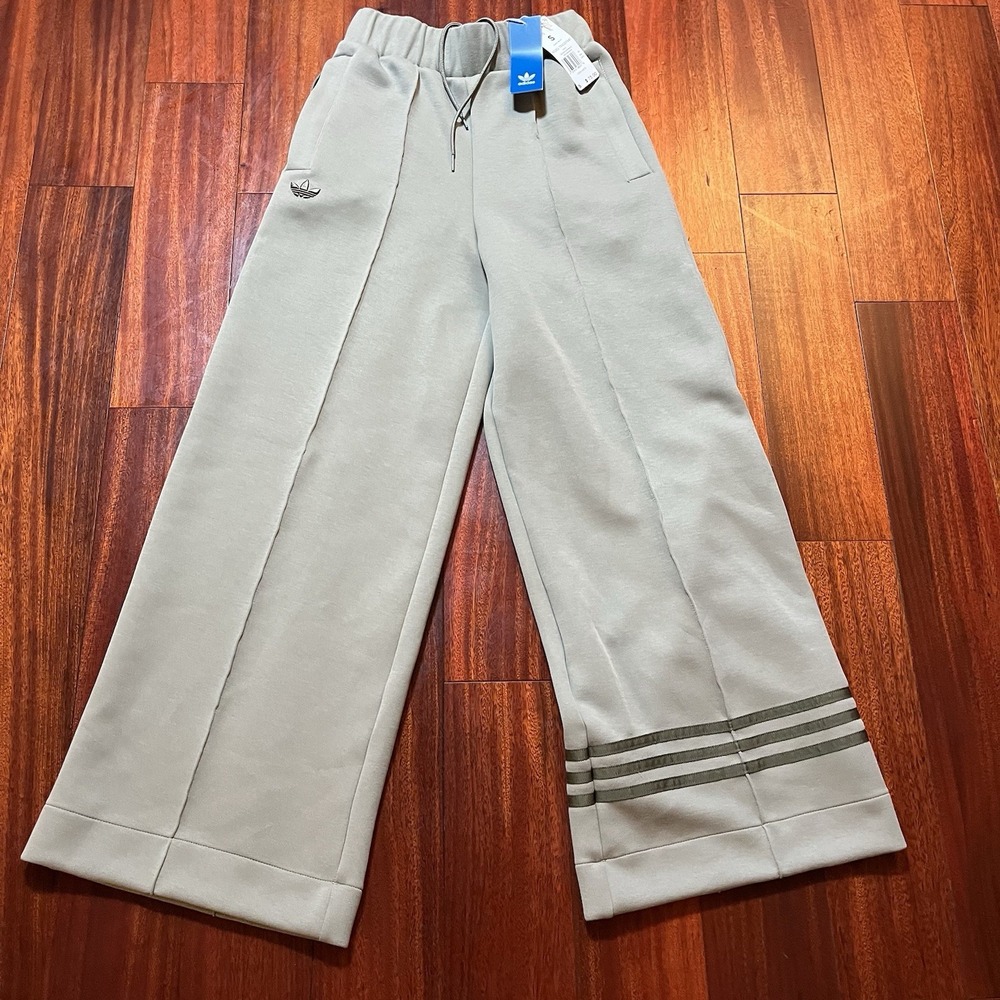 Adidas NEUCL Trackpant Silver Pebble Olive Womens SMALL Joggers Wide Leg JI8513